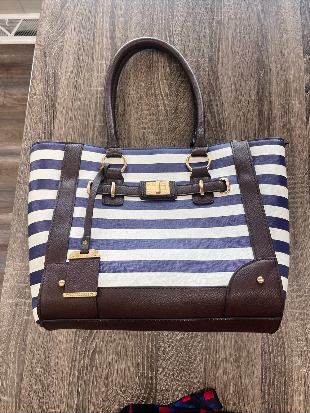 Bulldog Striped Navy and White Tote with Dark Brown Trim Conceal Carry